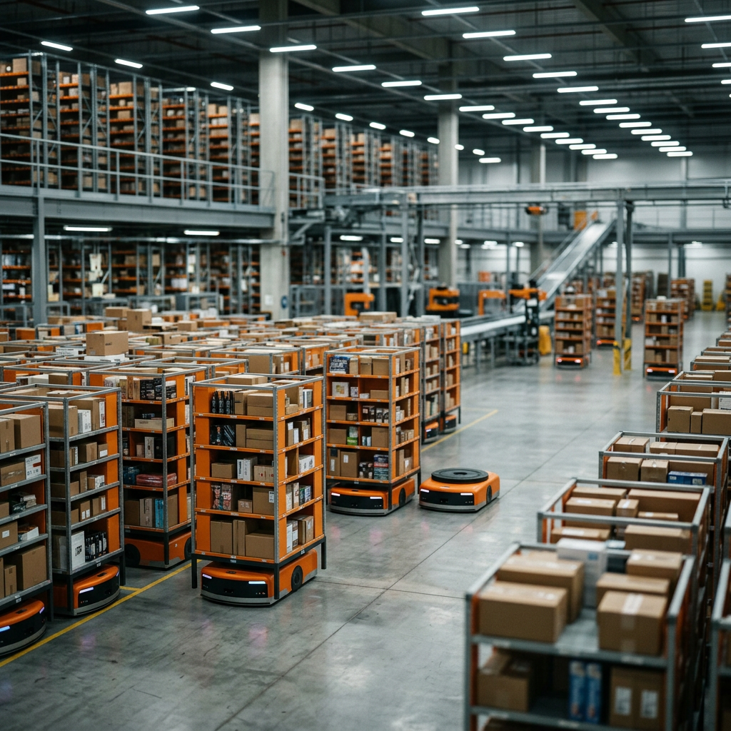 A modern, automated Amazon fulfillment center with robotic units moving orange shelves under bright industrial LED light
