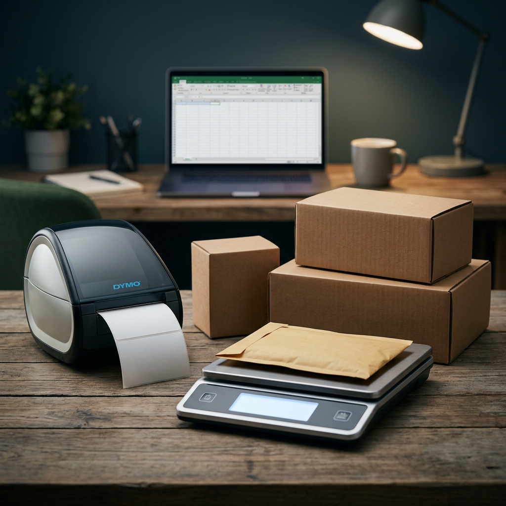 A clean home office workspace with a thermal label printer, cardboard boxes, and a digital scale on a wooden desk