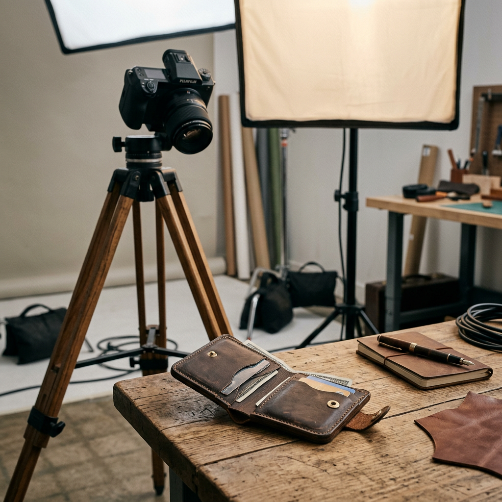 A professional photography studio setup with a wooden camera tripod and softbox lighting focusing on a handcrafted leath