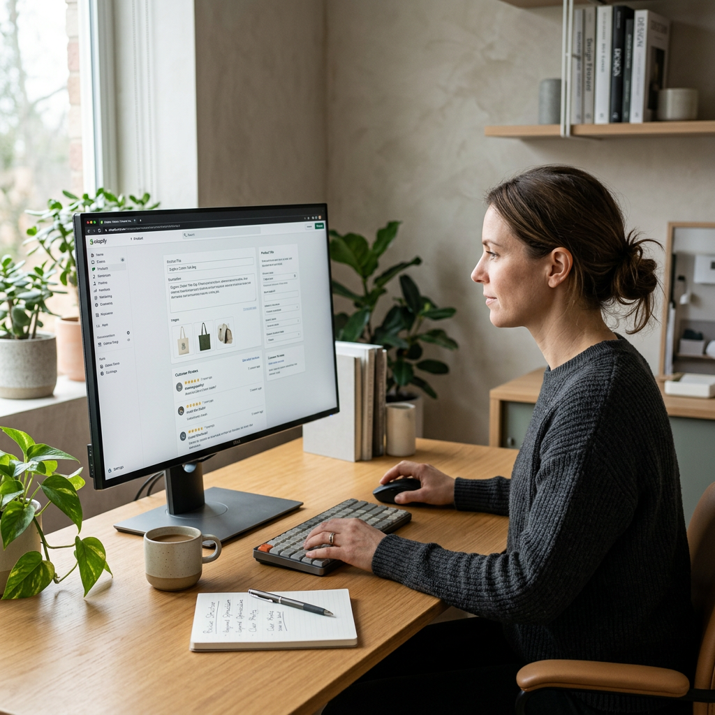 A minimalist workstation showing a merchant editing Shopify product details on a high-end monitor with soft natural ligh