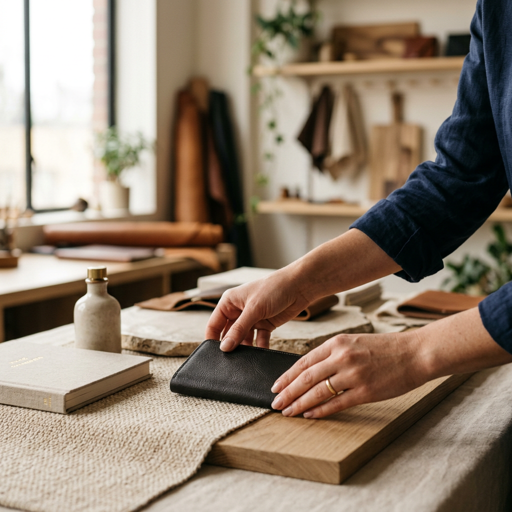 A close-up of a designer's hands adjusting a product display, emphasizing texture and high-quality materials