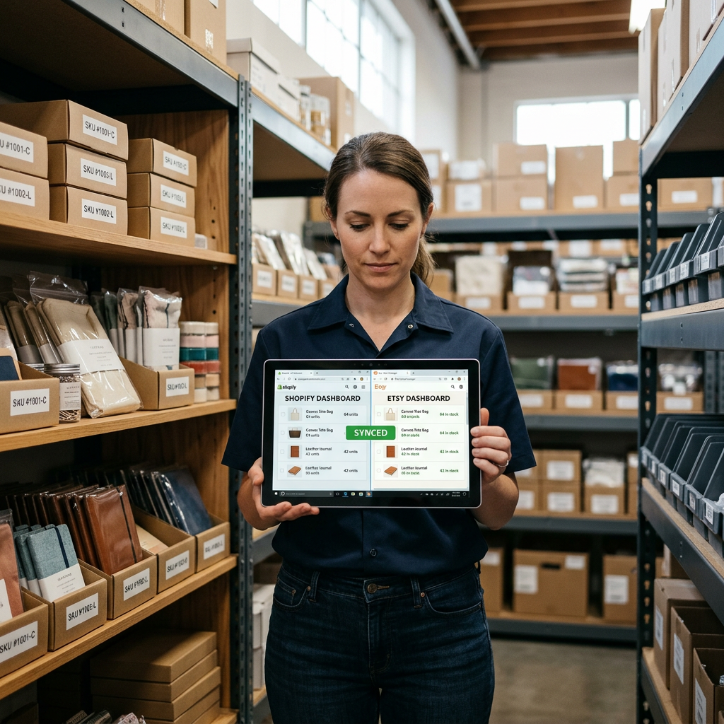 A clean, organized warehouse shelf with a digital tablet showing synchronized inventory levels between Shopify and Etsy