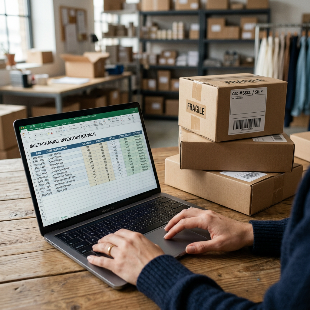 A close-up of a person's hands using a laptop to manage an inventory spreadsheet next to a stack of shipping boxes