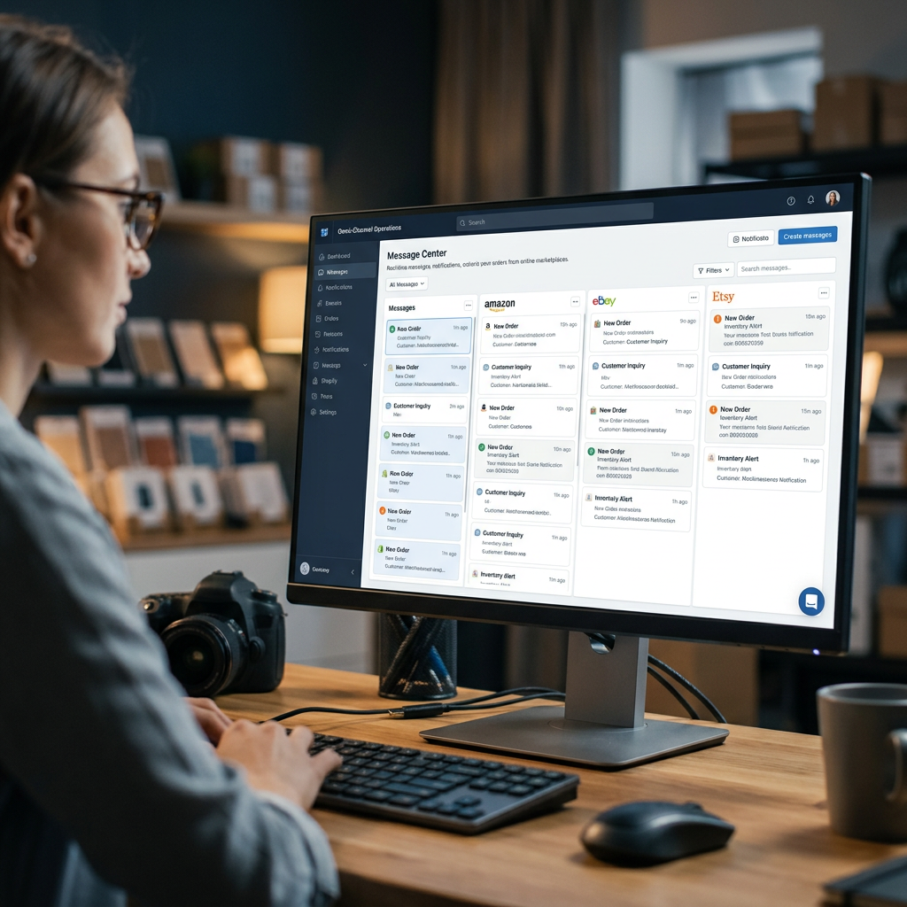 A high-tech digital dashboard displaying incoming messages from Amazon, eBay, and Etsy in a single clean stream, cinemat