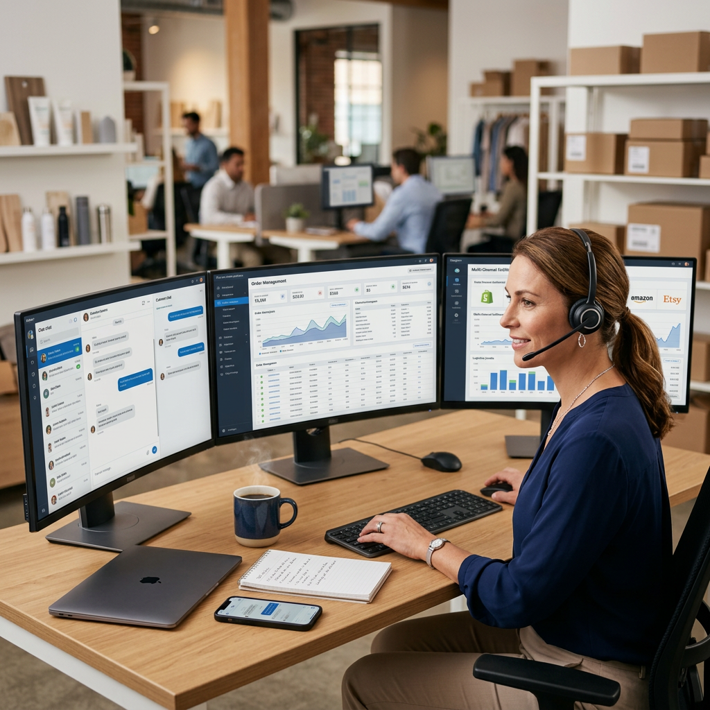 A professional customer service agent working at a clean desk with three monitors showing order data and customer chats