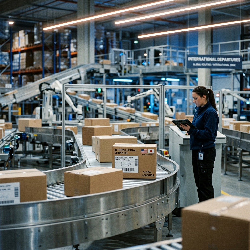 A high-tech logistics warehouse with automated sorting belts and packages labeled for international destinations under s