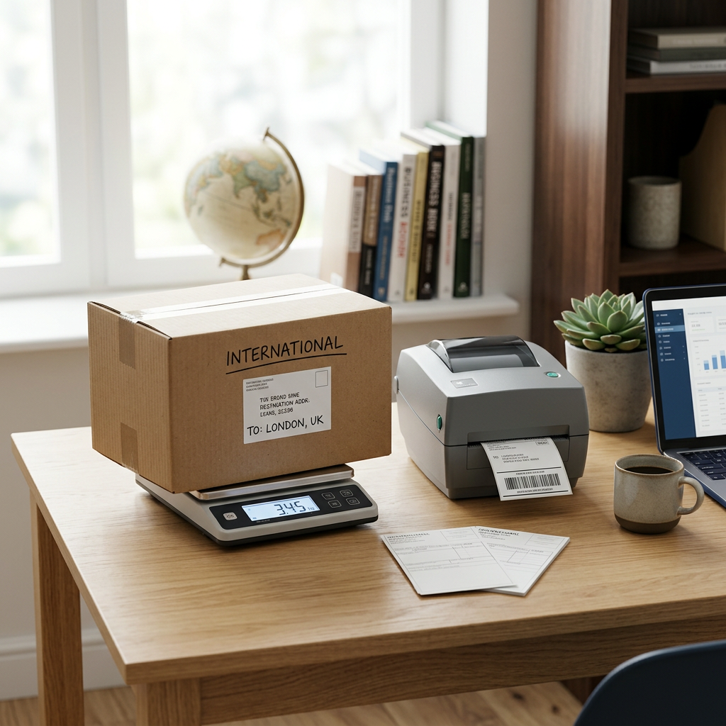A clean desk with a shipping scale, a thermal label printer, and a cardboard box ready for an international label