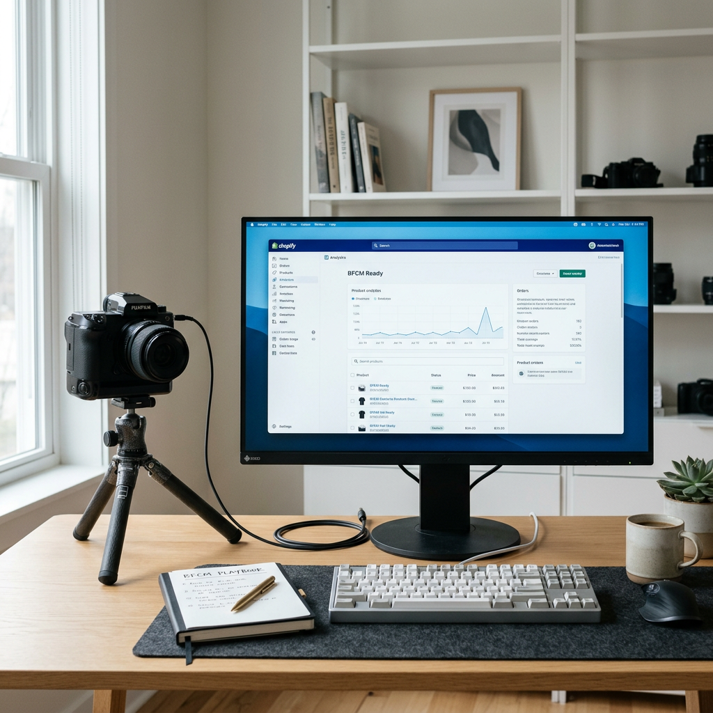 A minimalist studio workspace with a high-end camera, a color-calibrated monitor showing a clean Shopify product interfa