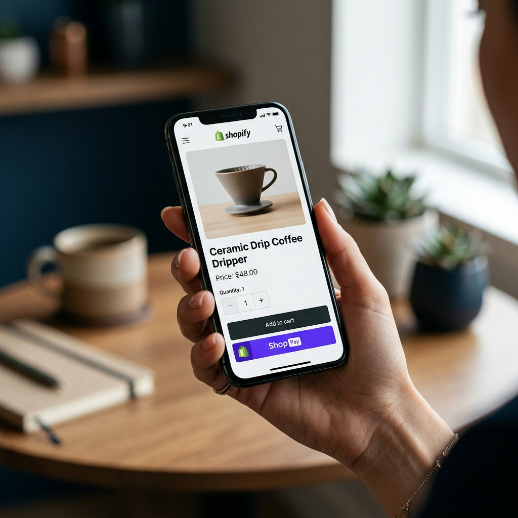 A close-up shot of a hand holding a sleek smartphone, displaying a beautifully optimized Shopify product page with a cle
