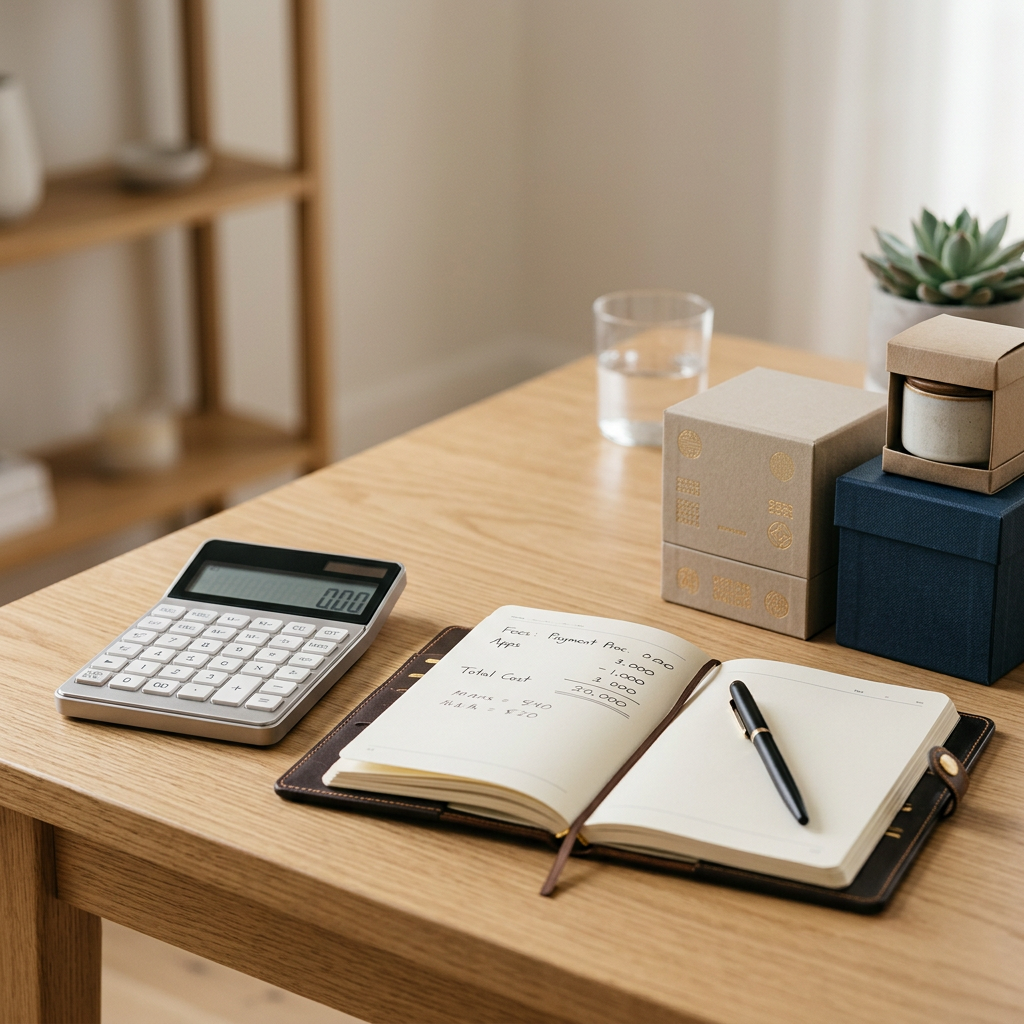 A clean, minimalist workspace with a high-end calculator, a leather-bound notebook, and a small stack of premium product