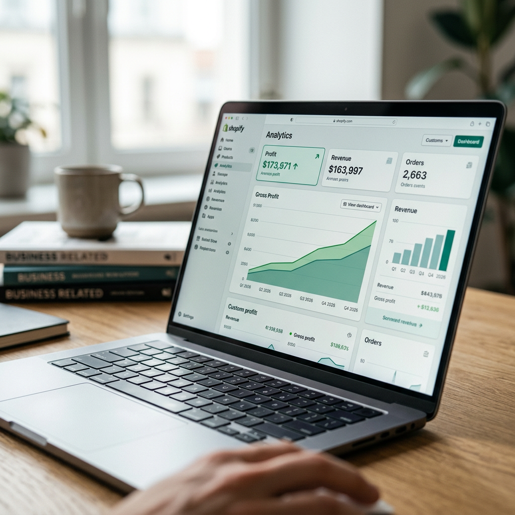 A close-up of a high-resolution laptop screen displaying a Shopify analytics dashboard with rising green profit trend li