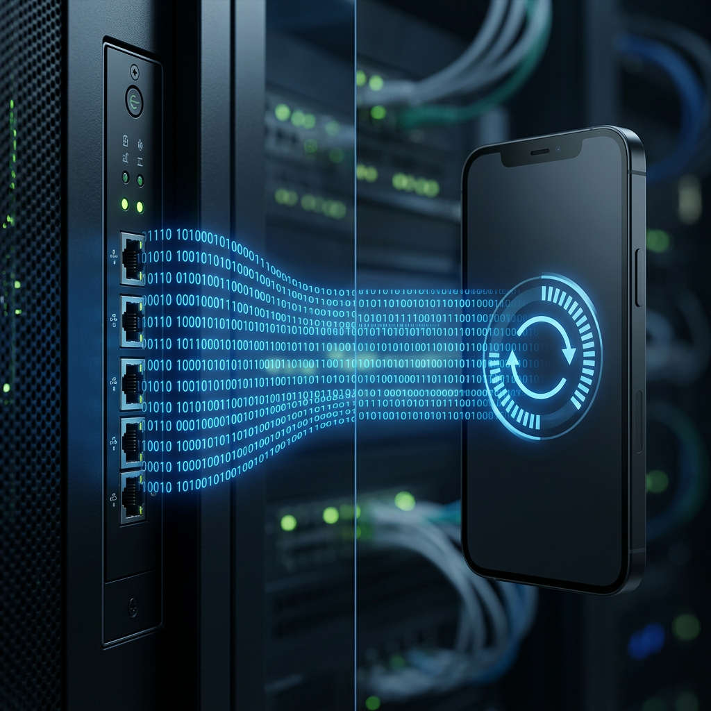 A split-screen visualization of a server tower and a smartphone syncing data via glowing blue streams of binary code