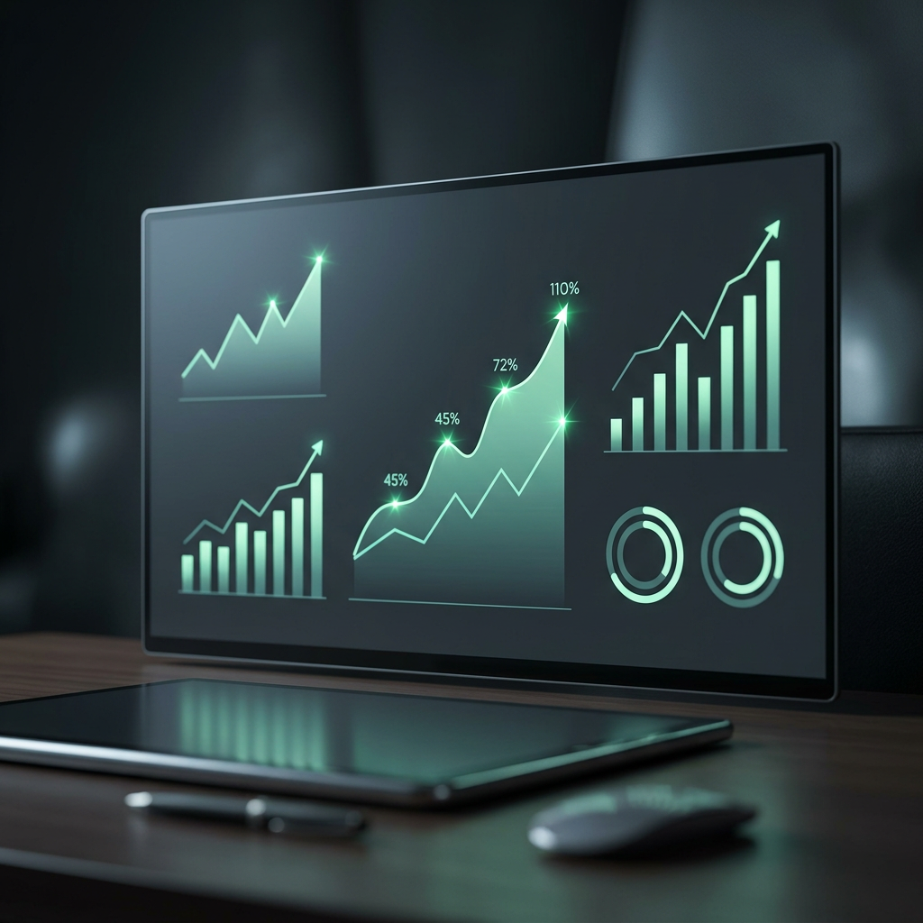 A minimalist digital dashboard showing rising green percentage sparks and clear data visualization charts on a dark back