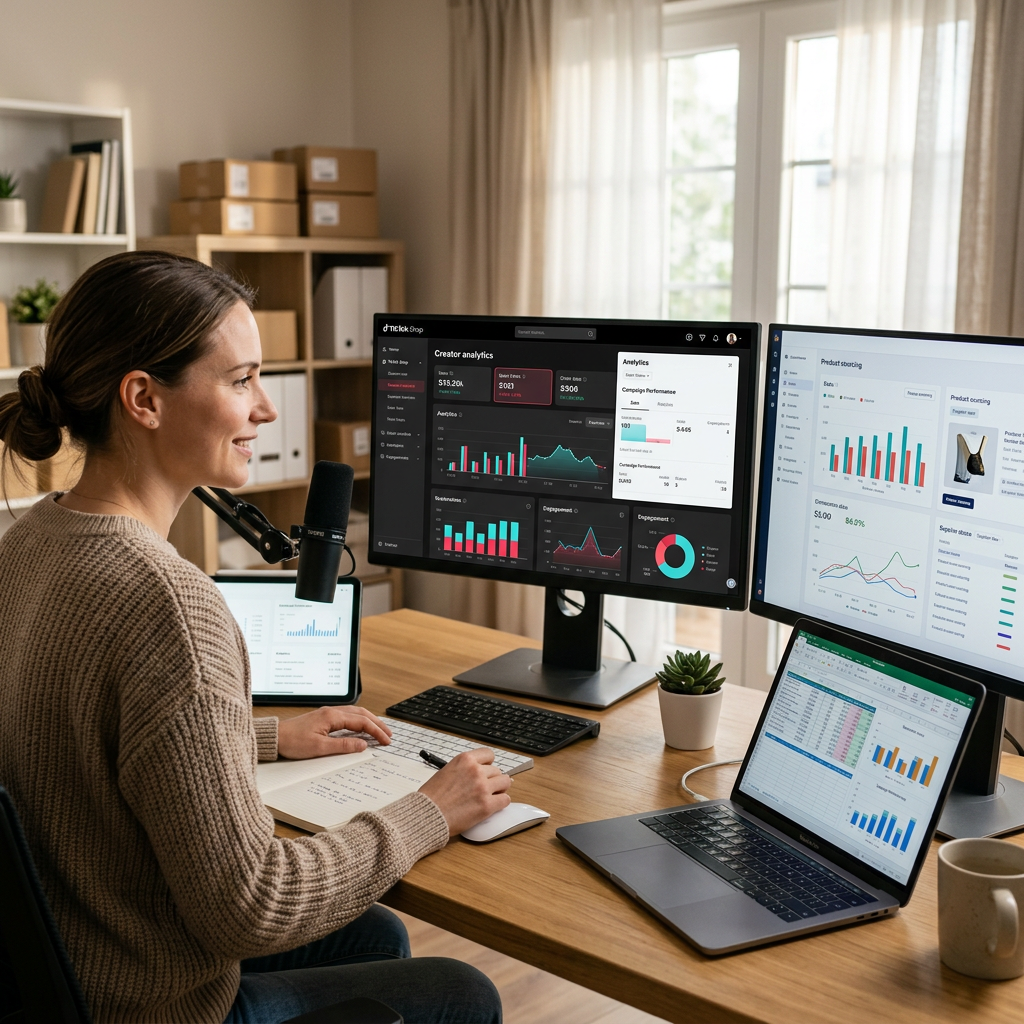 A modern home office desk with multiple monitors displaying real-time data charts and TikTok analytics dashboards in sof