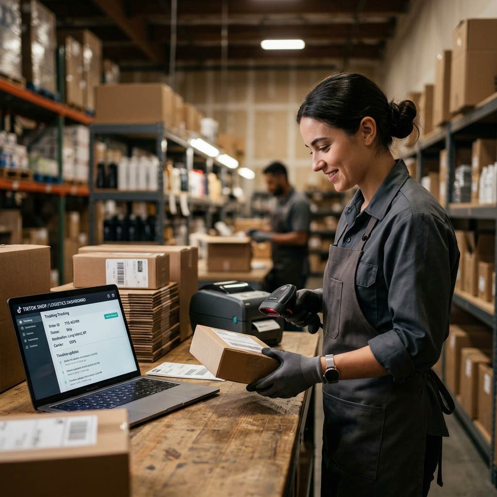 A warehouse worker scanning a package for shipment next to a laptop showing a logistics tracking interface
