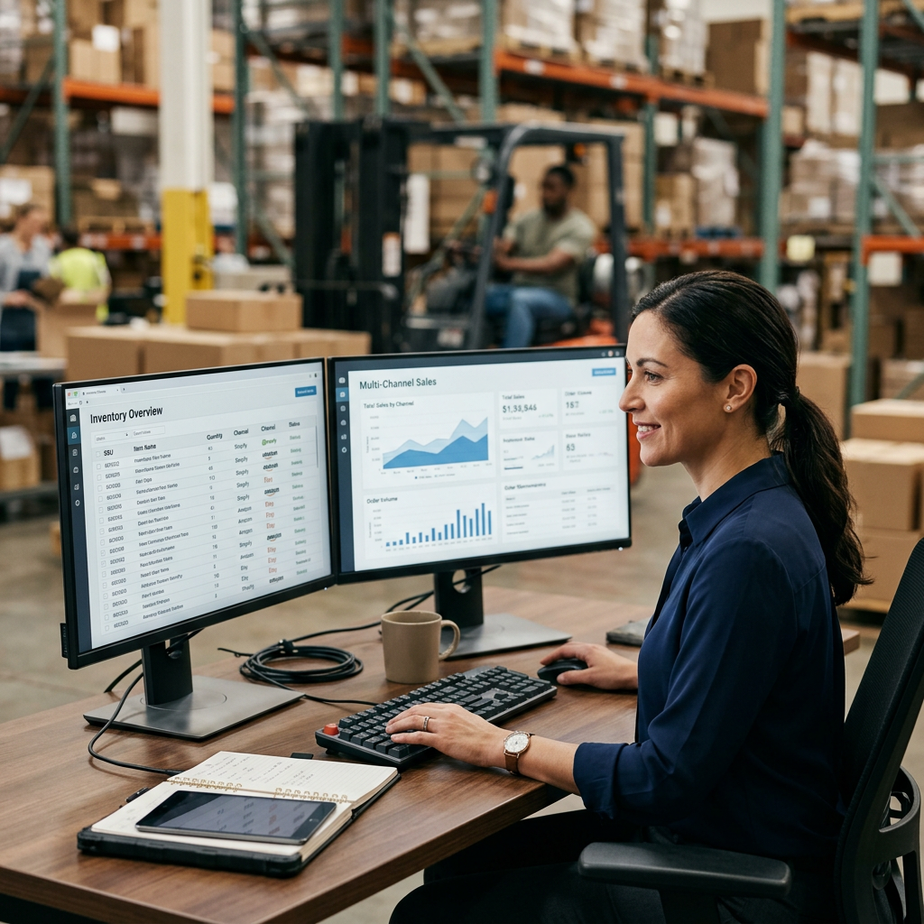 A high-tech warehouse workspace with a dual-monitor setup showing inventory management spreadsheets and marketplace dash