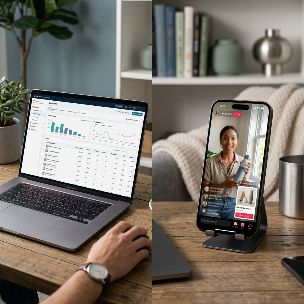 A split-screen view showing a TikTok Ads Manager dashboard on a laptop next to a vibrant live stream mobile interface wi