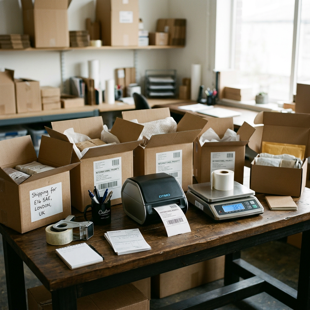 A clean, organized shipping station with several open cardboard boxes, a digital scale, and professional thermal label p