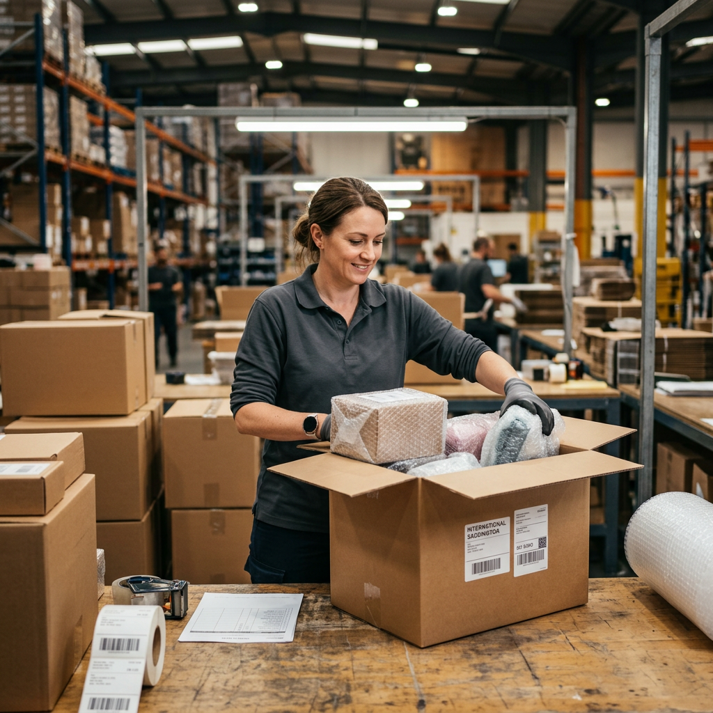 A professional warehouse worker placing multiple bubble-wrapped items into a single sturdy shipping box under bright ind