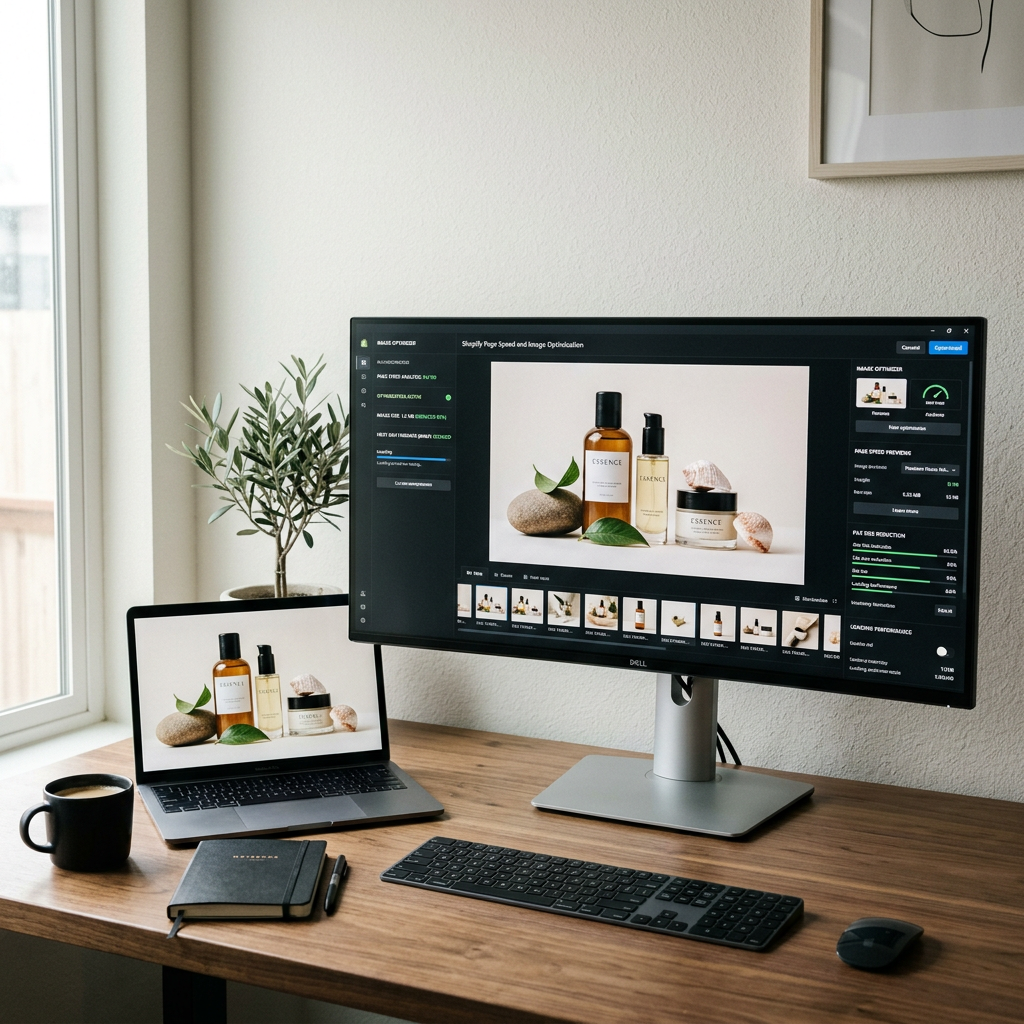 A minimalist workstation with a large monitor showing crystalline product photography being optimized in a professional
