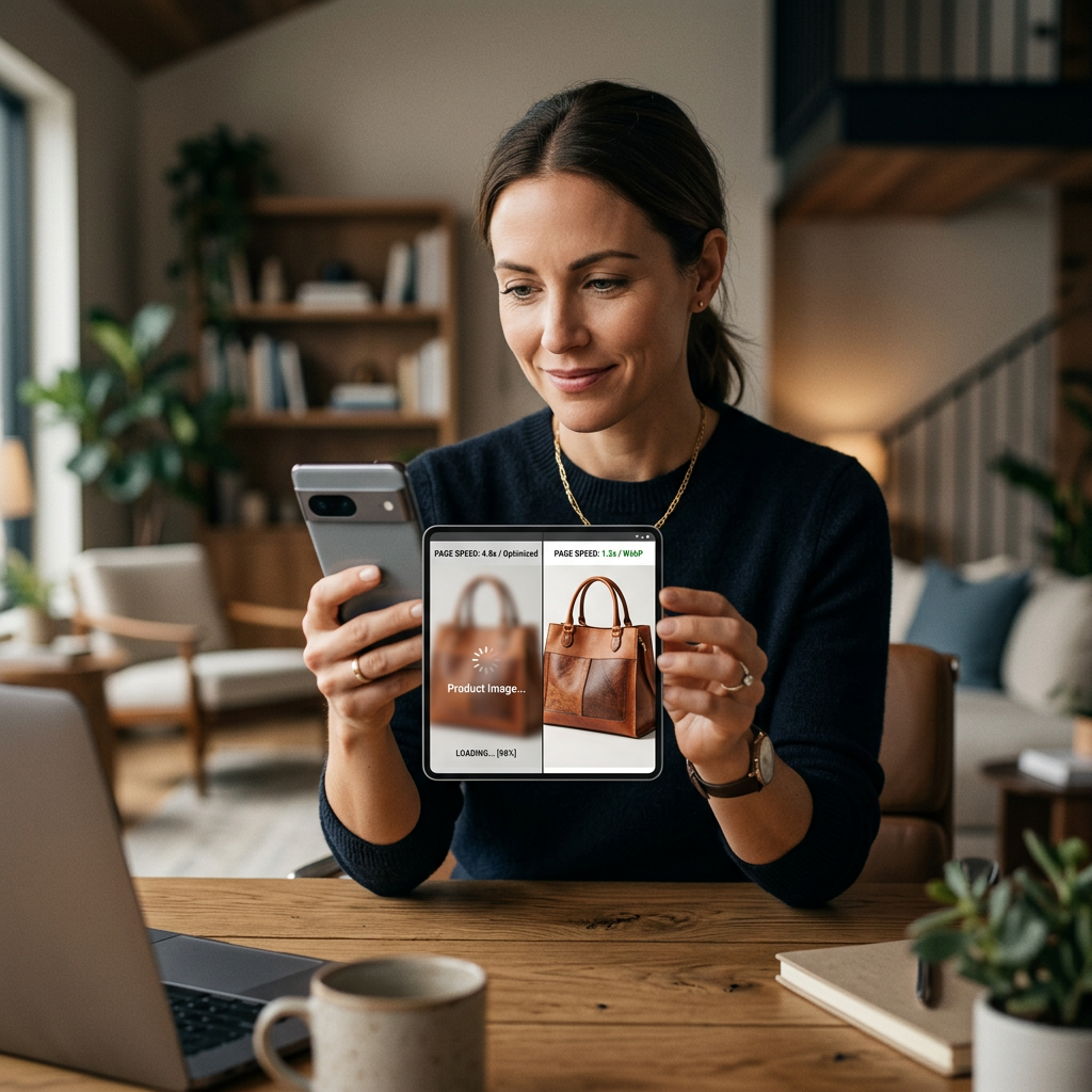 A high-end split screen comparison showing a standard image versus a fast-loading WebP version on a mobile device