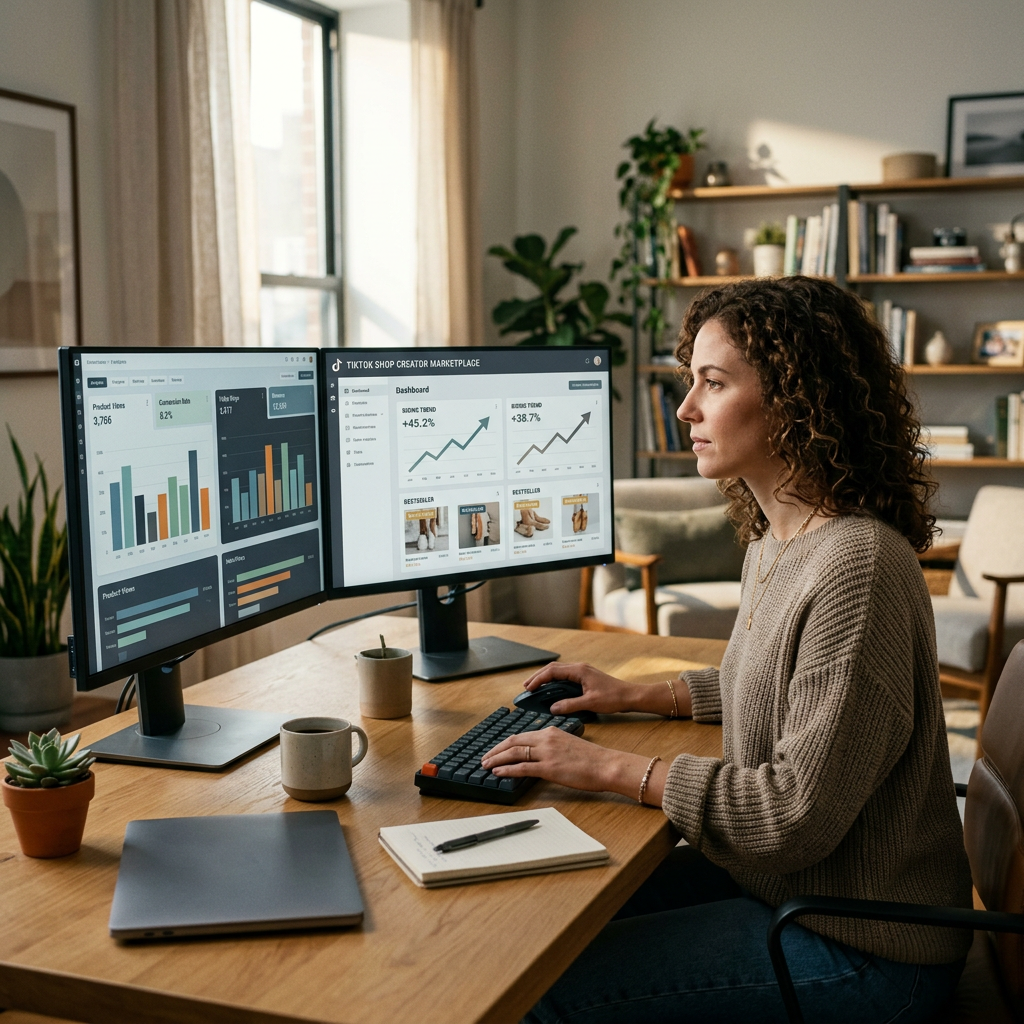 A modern home office setup with a dual-monitor display showing real-time TikTok Shop analytics and a creator marketplace
