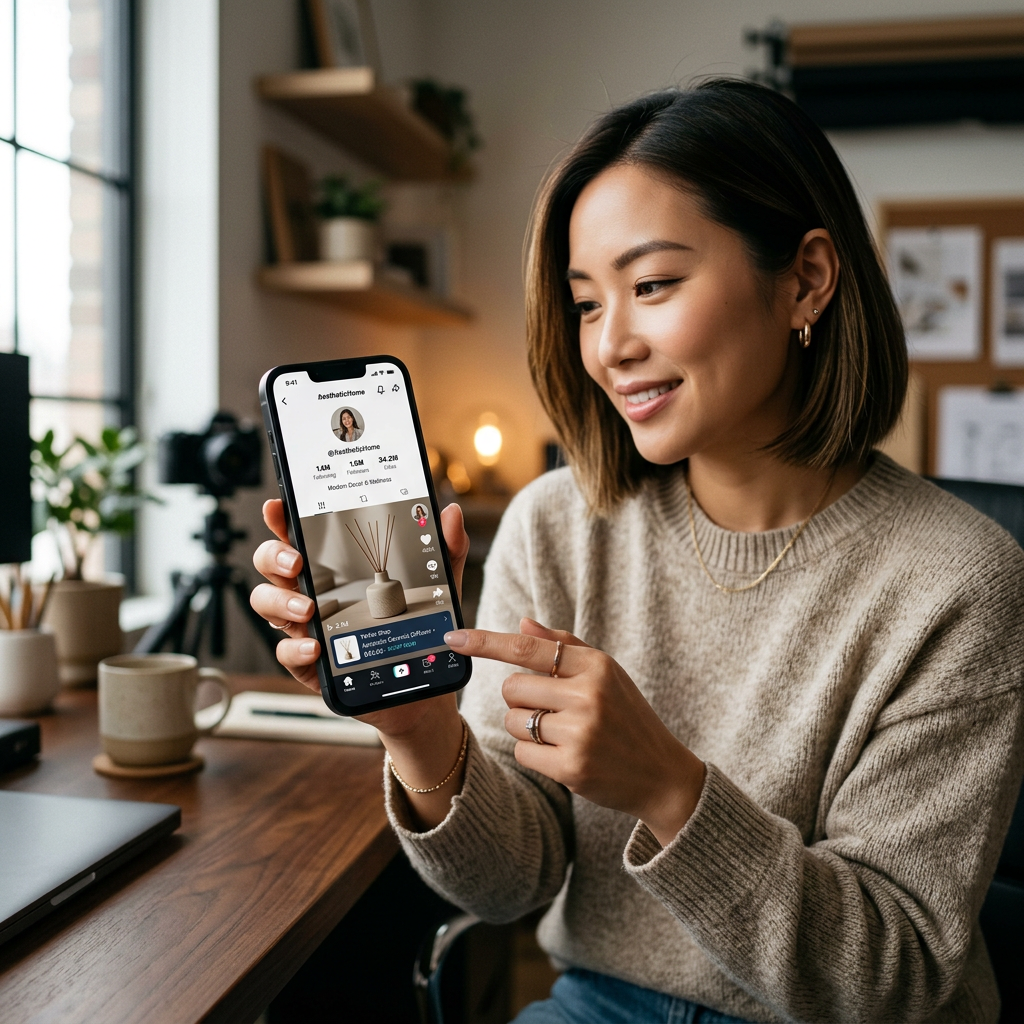 A close-up of a smartphone screen displaying a TikTok creator profile with high engagement metrics and a product link ov