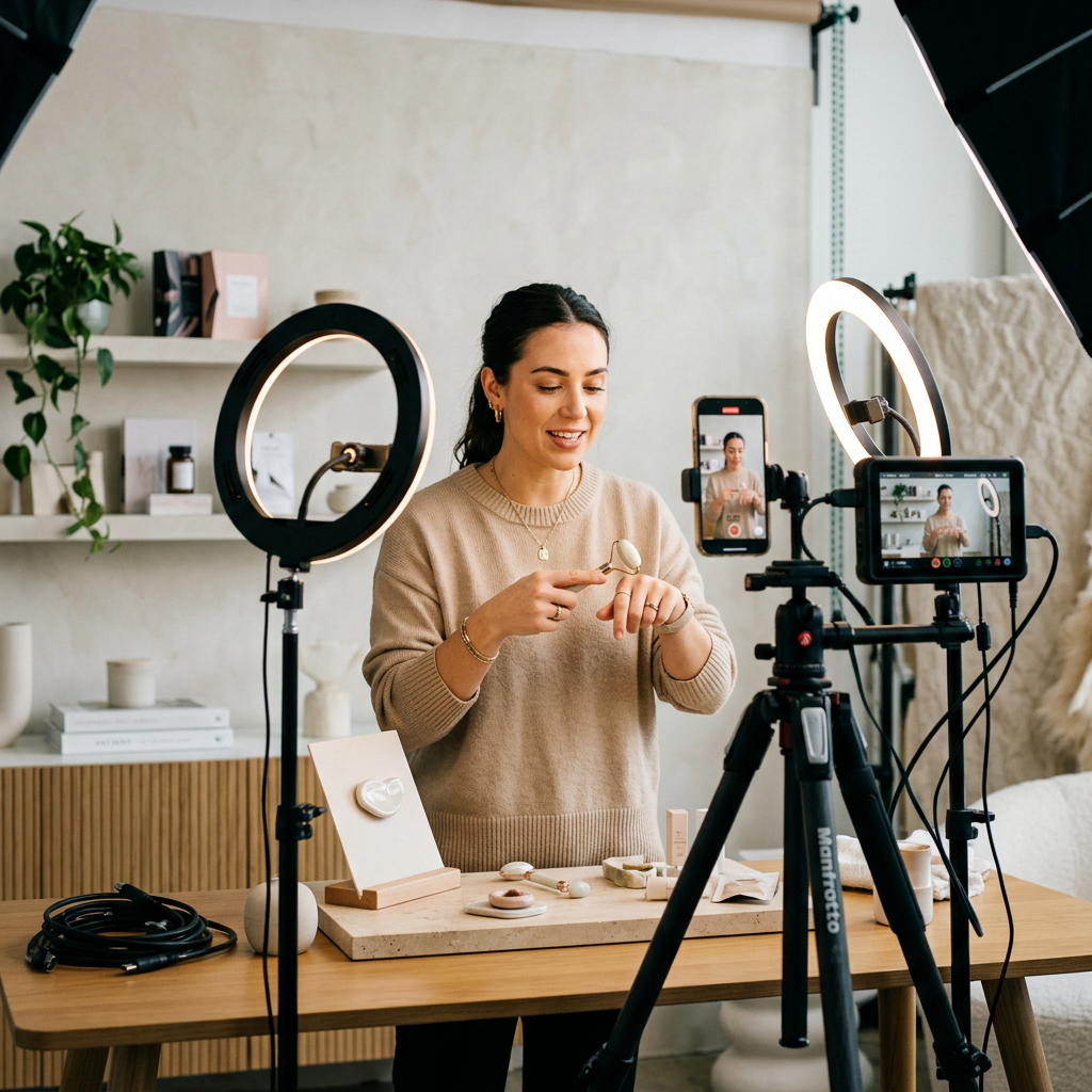 A bright studio space where a content creator is filming a product demonstration using professional ring lights and a tr