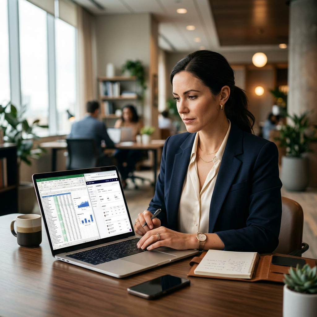A professional woman in a corporate office analyzing a spreadsheet and a TikTok Shop seller dashboard on a laptop.